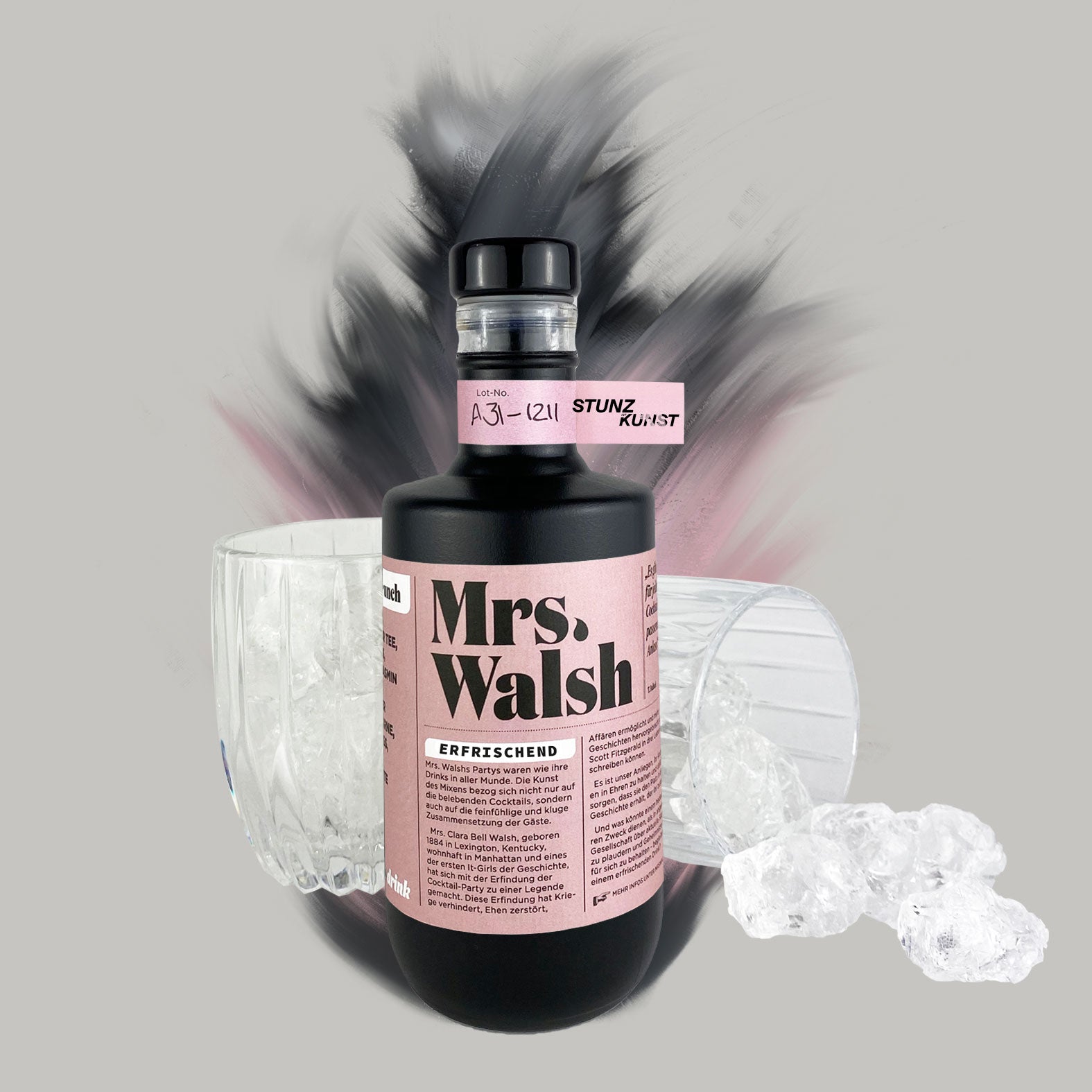 A black bottle labeled Mrs. Walsh stands against a smoky background. Two glasses, one tipped over, and ice cubes are scattered around it. The bottle features pink and white labels with detailed text.