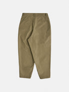 Tapered trousers with a rounded leg, featuring front pleats and a tailored waistband with button closure.