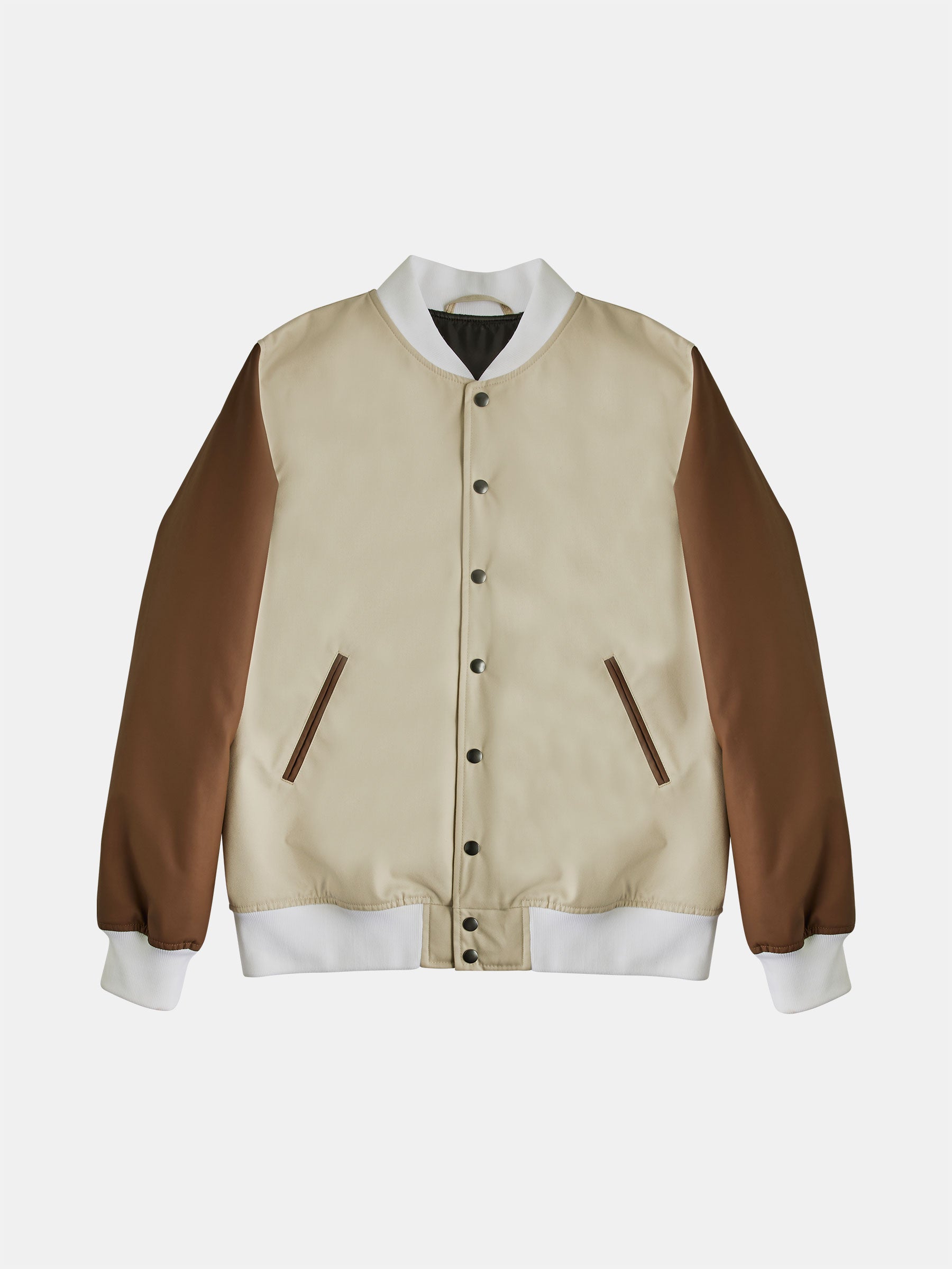 The gabrielstunz Hazelnut College Jacket showcases classic collegiate style with its beige bomber design, brown sleeves, white ribbed cuffs and hem, and a front snap-button closure. It features two slanted pockets with brown accents set against a plain white backdrop.