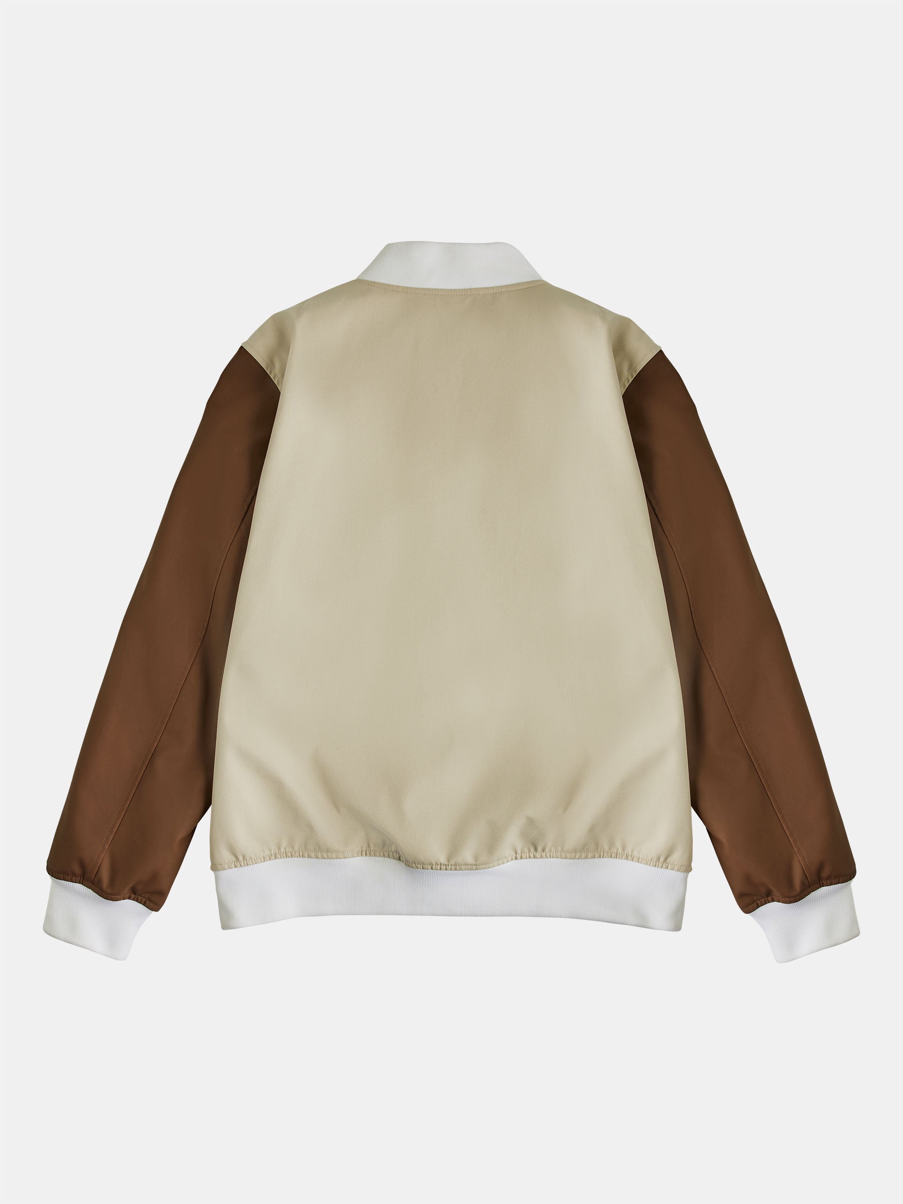 The gabrielstunz Hazelnut College Jacket, embodying a classic collegiate style, features a beige body with rich brown sleeves. Its white cuffs and waistband stand out against a plain white background, offering the timeless Ivy League tradition look.