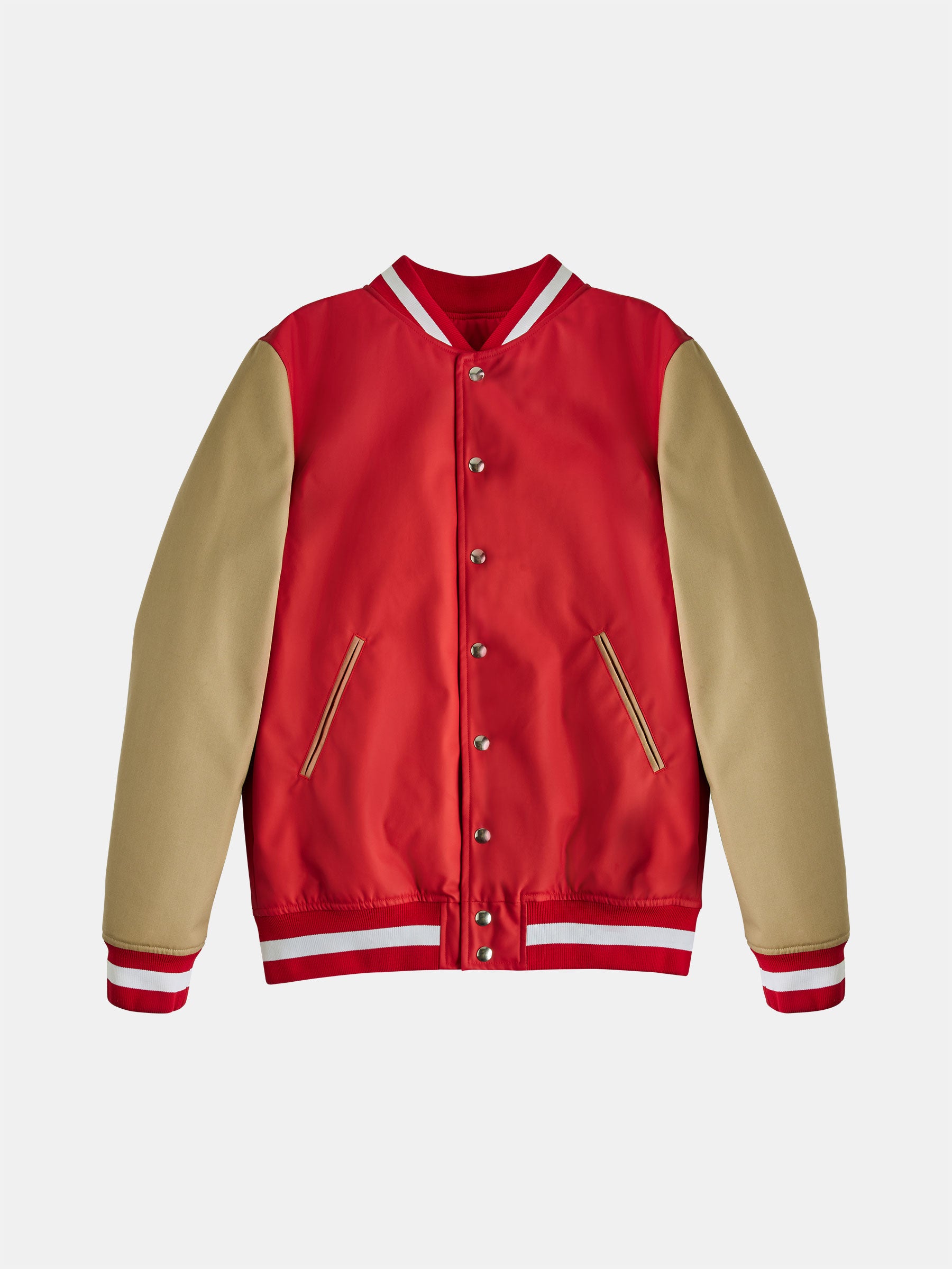 The gabrielstunz Red College Jacket with Beige Twill Sleeves captures the essence of classic collegiate style, showcasing striped ribbed cuffs and a collar. It includes front snap buttons and two diagonal pockets, all expertly crafted from premium materials for a timeless appearance.