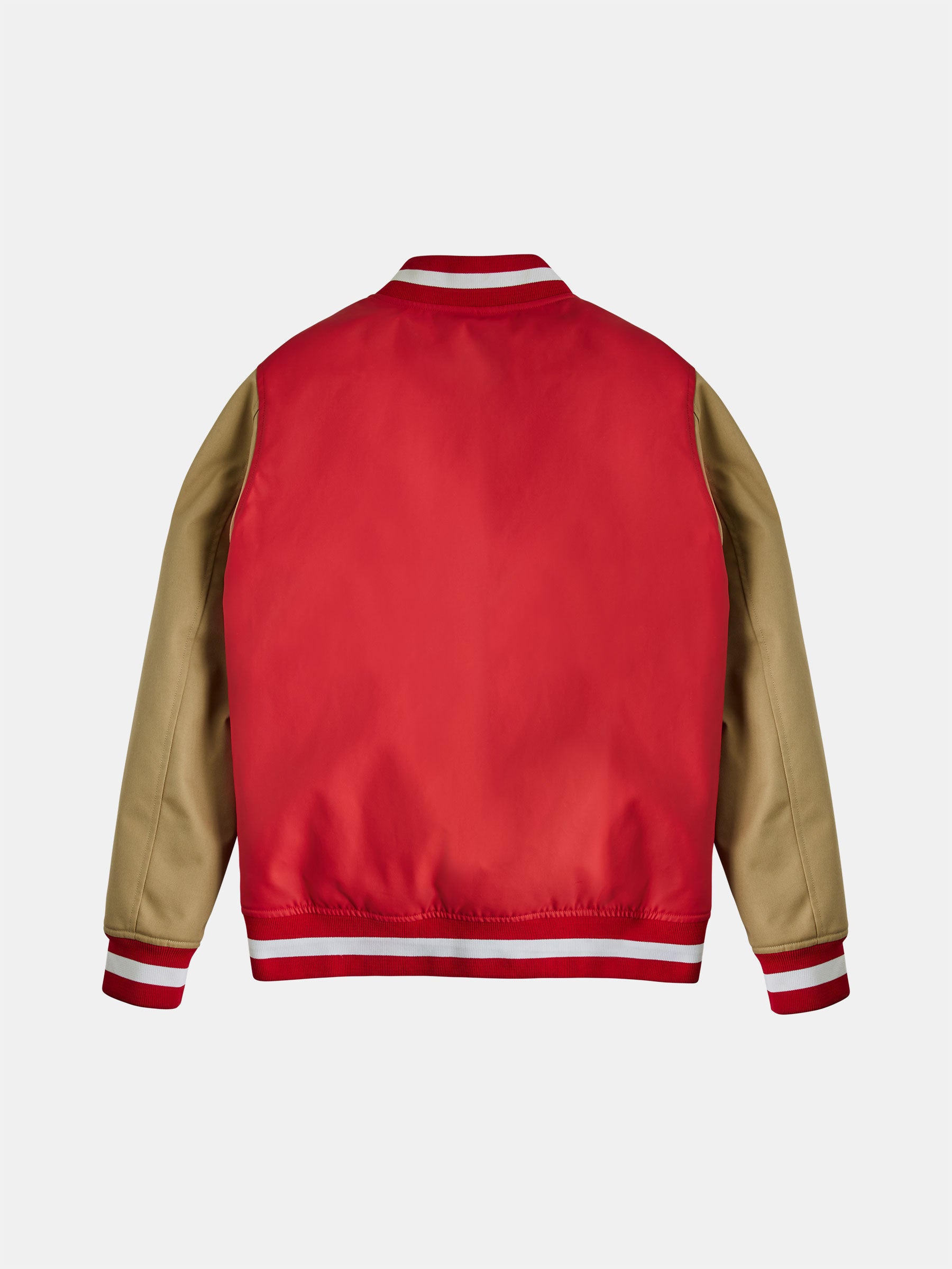 Introducing the Red College Jacket by gabrielstunz, featuring a classic collegiate design with a red body and beige twill sleeves. The collar, cuffs, and hem are adorned with stylish red and white stripes. Made from premium materials, this jacket is showcased on a plain background.