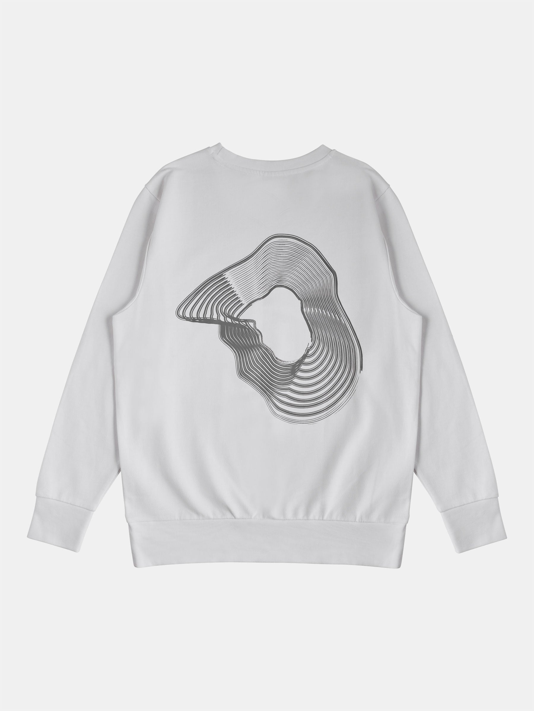 The image displays the Boxy Long-Sleeve Sweatshirt with Vortex Print by gabrielstunz, designed from organic cotton. It features a distinctive black abstract line art design on the back with concentric irregular shapes, set against a plain white background to highlight its minimalist style and eco-friendly production.