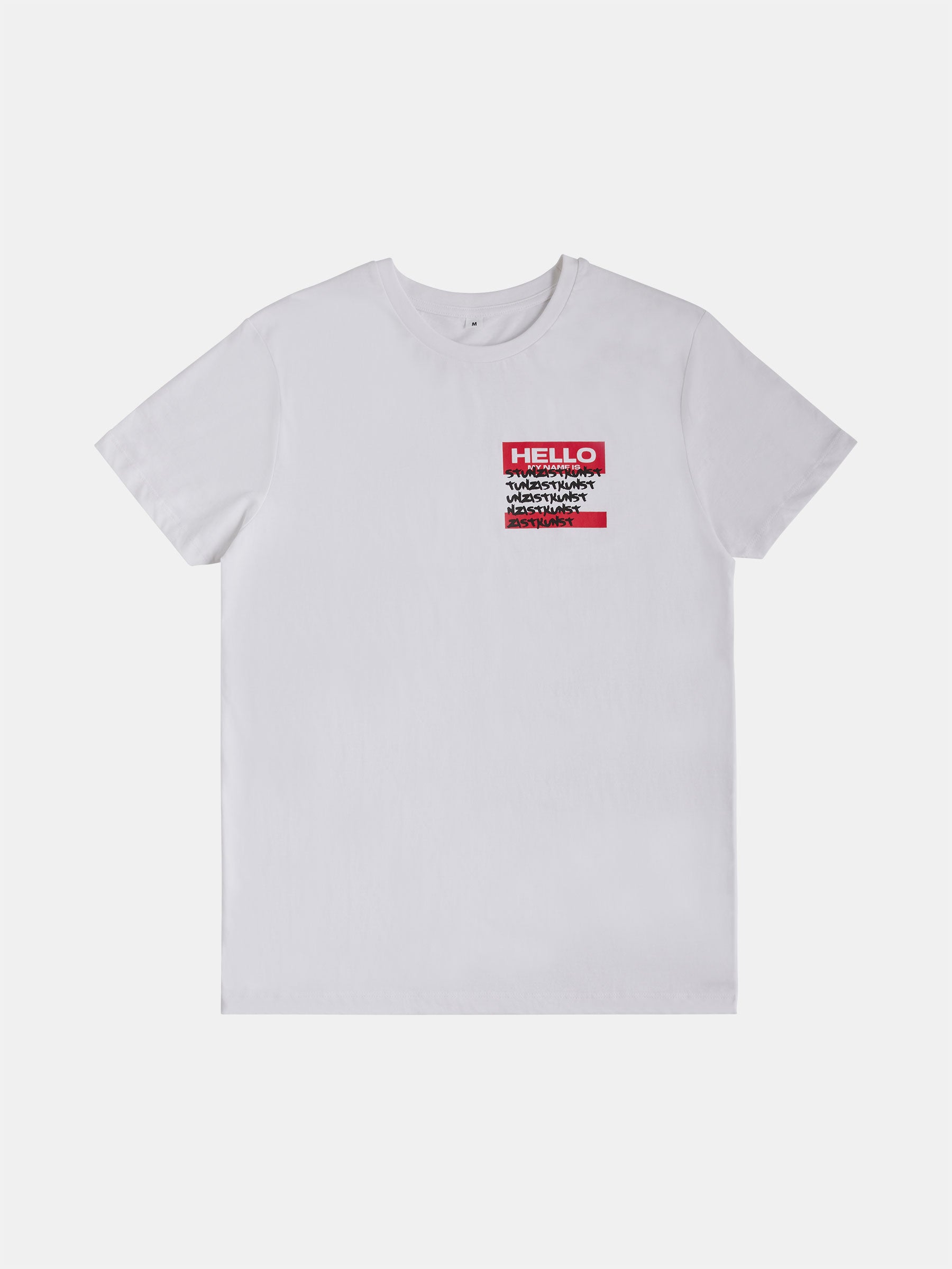 The Hello my name is ... T-Shirt by gabrielstunz is crafted from organic cotton with a white base, showcasing eco-conscious production. It features a red rectangle on the chest where the word HELLO is placed above several humorously crossed-out names, making it a distinctive piece.