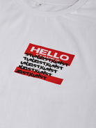 Explore the Hello my name is ... T-Shirt by gabrielstunz, made from organic cotton. It features a white design with a red name tag and black text showcasing various crossed-out names. With "HELLO" displayed boldly in red above "MY NAME IS," this t-shirt blends style with eco-friendly craftsmanship.