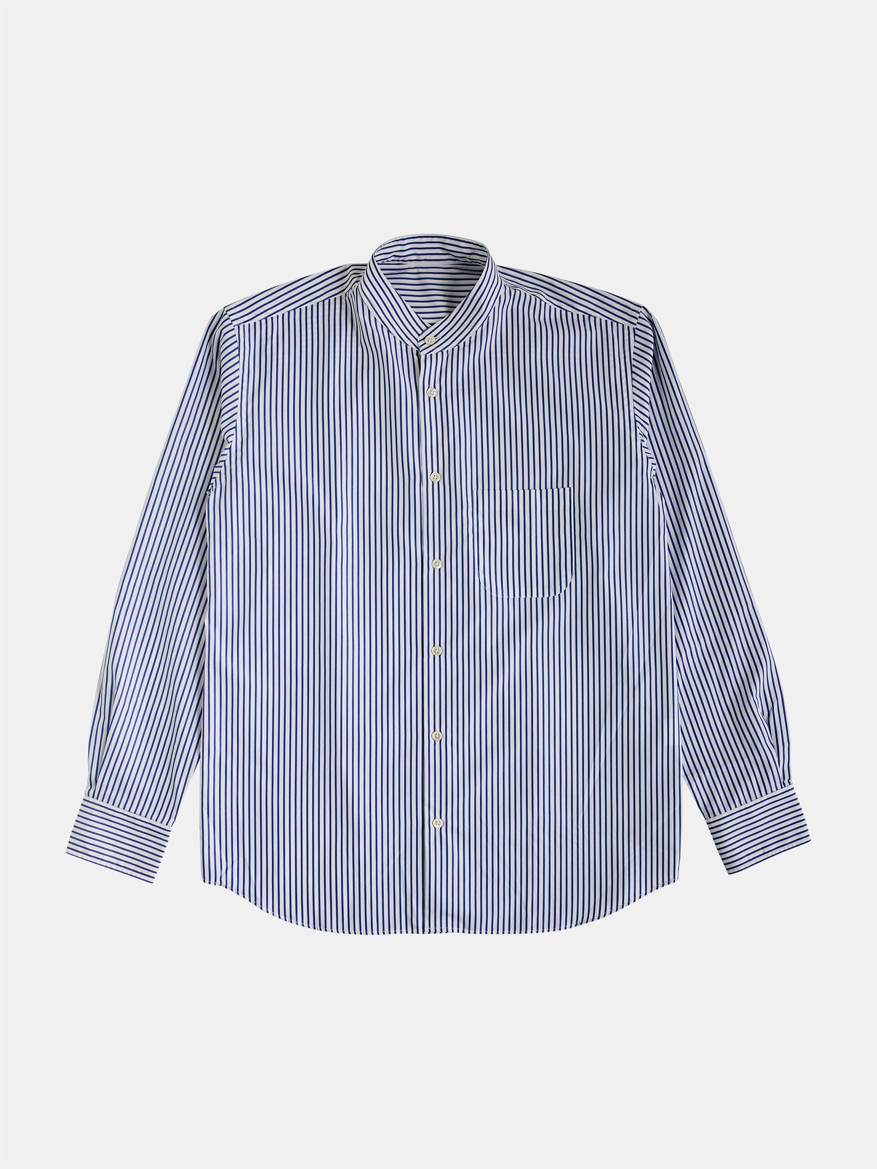 A POCKETPARACHUTE® Shirt by gabrielstunz features a blue and white vertical stripe design, a front pocket on the left, elegant mother-of-pearl buttons for a sophisticated look, button-down closure, and comes with a classic collar. Displayed flat on a white background.