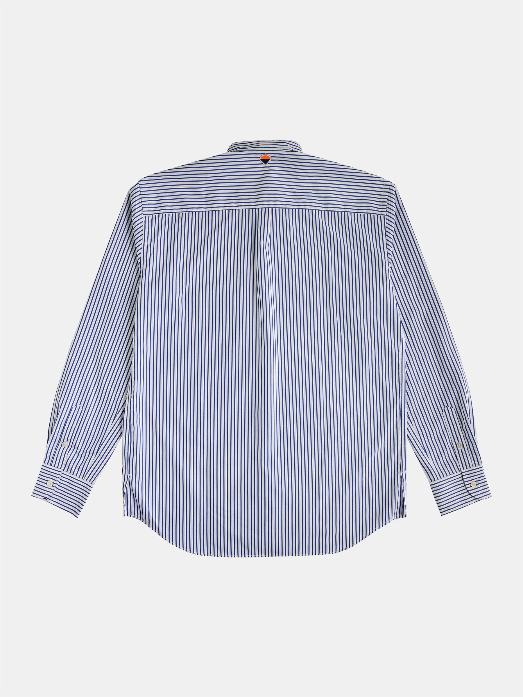 The POCKETPARACHUTE® Shirt with Mao Collar by gabrielstunz showcases a blue and white vertically striped design, featuring a small red heart emblem on the back yoke. It includes a Mao collar and has buttoned cuffs adorned with elegant mother-of-pearl buttons, all set against a plain background.