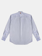 Back view of a light blue, long-sleeve premium fabric button-up shirt by gabrielstunz against a plain white background. The POCKETPARACHUTE® with Mao Collar includes a small embroidered emblem near the Mao collar and buttoned cuffs on the sleeves.