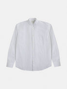 The gabrielstunz Mandarin Collar Regular Fit is a crisp, 100% cotton white long-sleeve button-up shirt featuring a front pocket, expertly crafted by Cottonificio Albini and presented against a plain background.