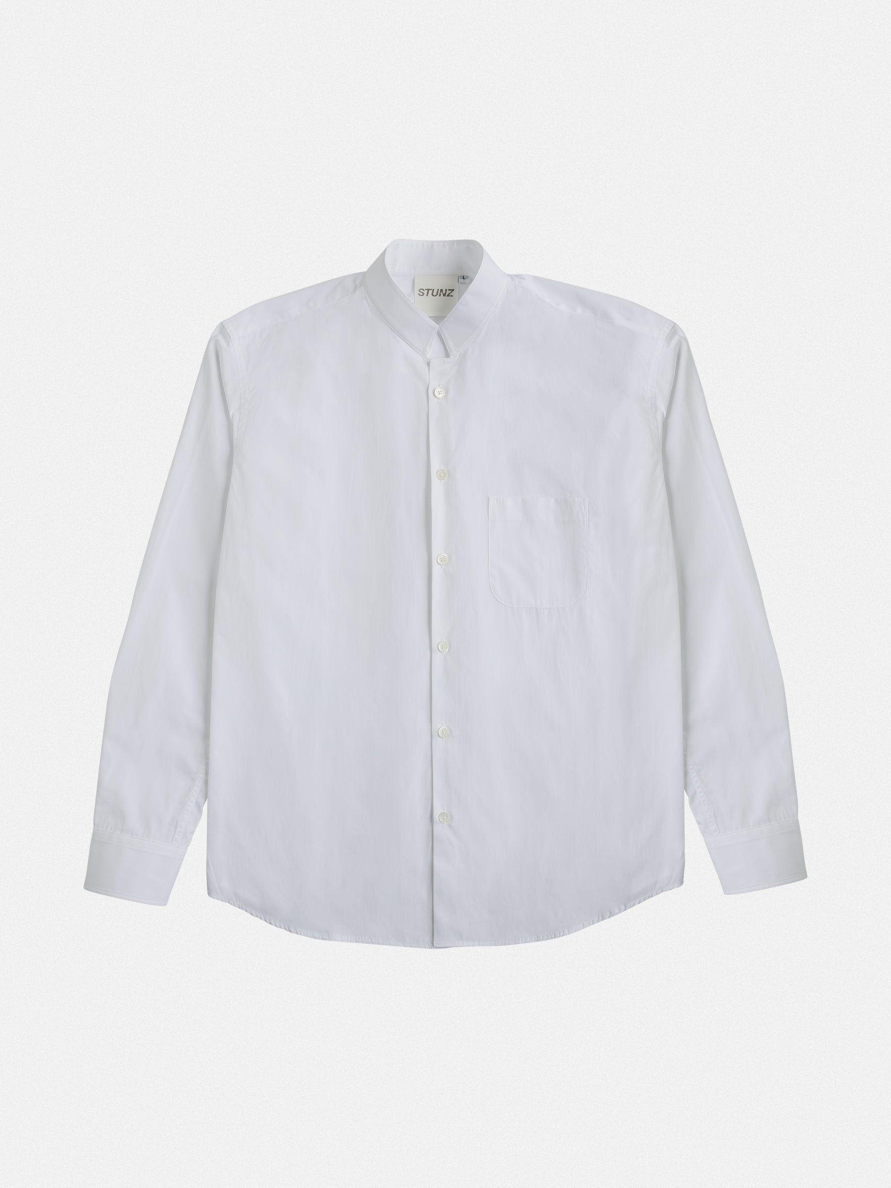 The gabrielstunz Mandarin Collar Regular Fit is a crisp, 100% cotton white long-sleeve button-up shirt featuring a front pocket, expertly crafted by Cottonificio Albini and presented against a plain background.