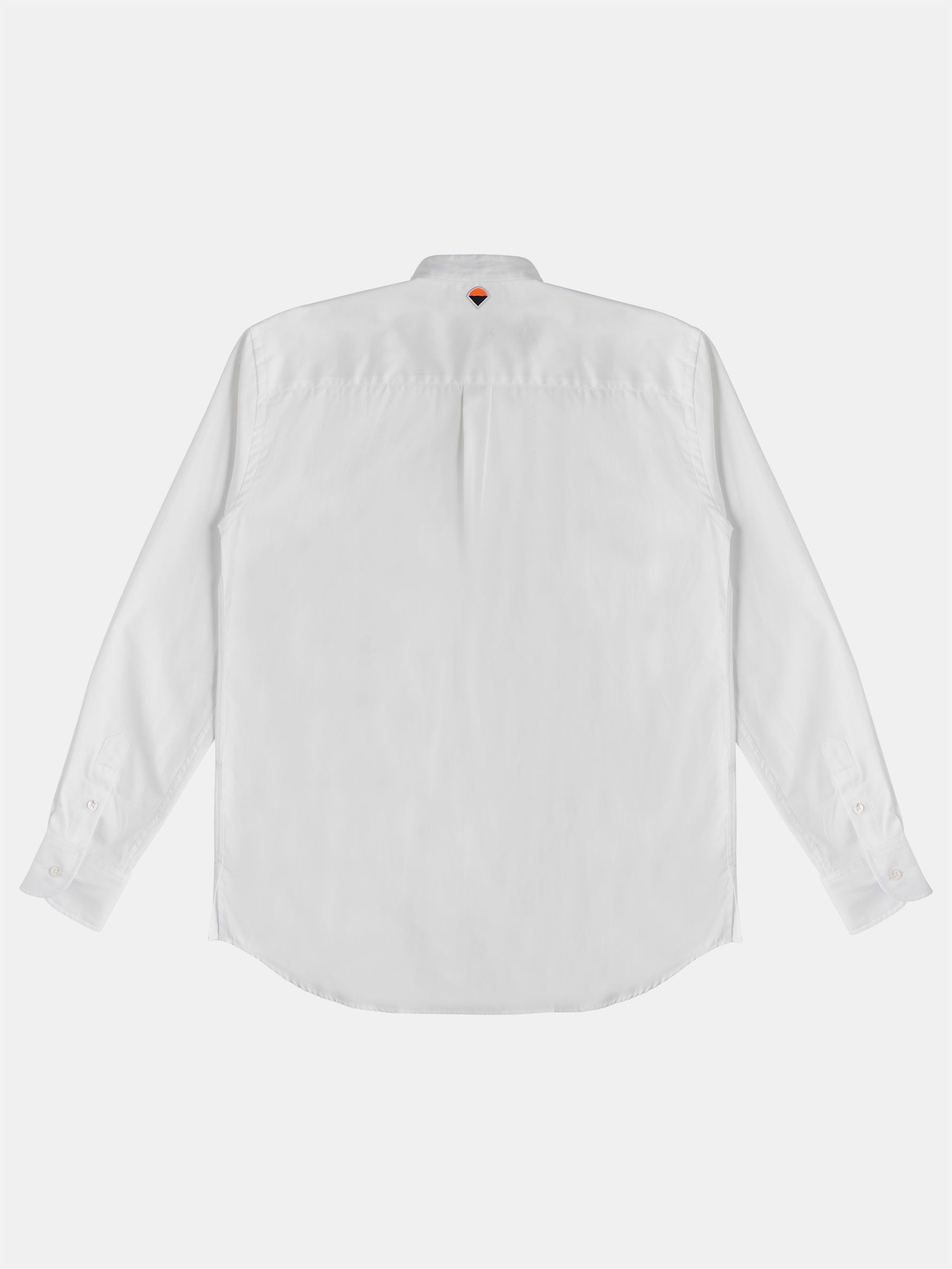 The image displays the back of a gabrielstunz POCKETPARACHUTE® Shirt, featuring a modern fit and a small orange triangle logo at the upper center. This long-sleeve white shirt is made from premium fabric and includes buttoned cuffs and a pointed collar, set against a plain white background.