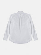 A 100% cotton, long-sleeve button-up shirt in white is showcased flat against a plain backdrop. Made by gabrielstunz, it boasts a mandarin collar and buttoned cuffs, with the back view displaying no visible patterns or designs.