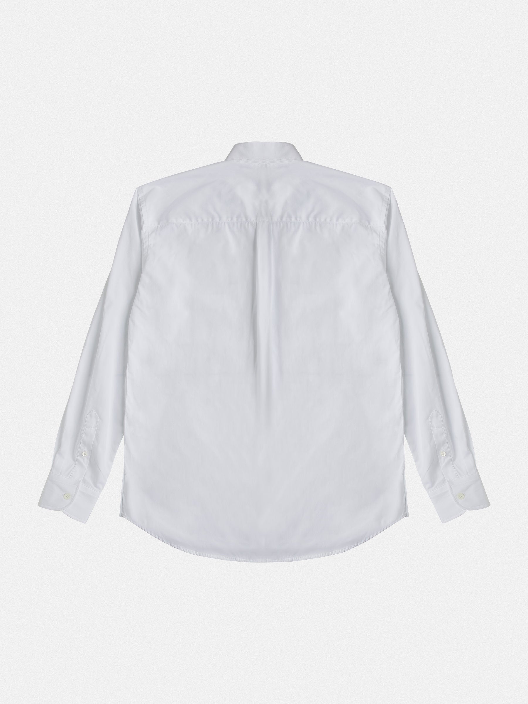 A 100% cotton, long-sleeve button-up shirt in white is showcased flat against a plain backdrop. Made by gabrielstunz, it boasts a mandarin collar and buttoned cuffs, with the back view displaying no visible patterns or designs.