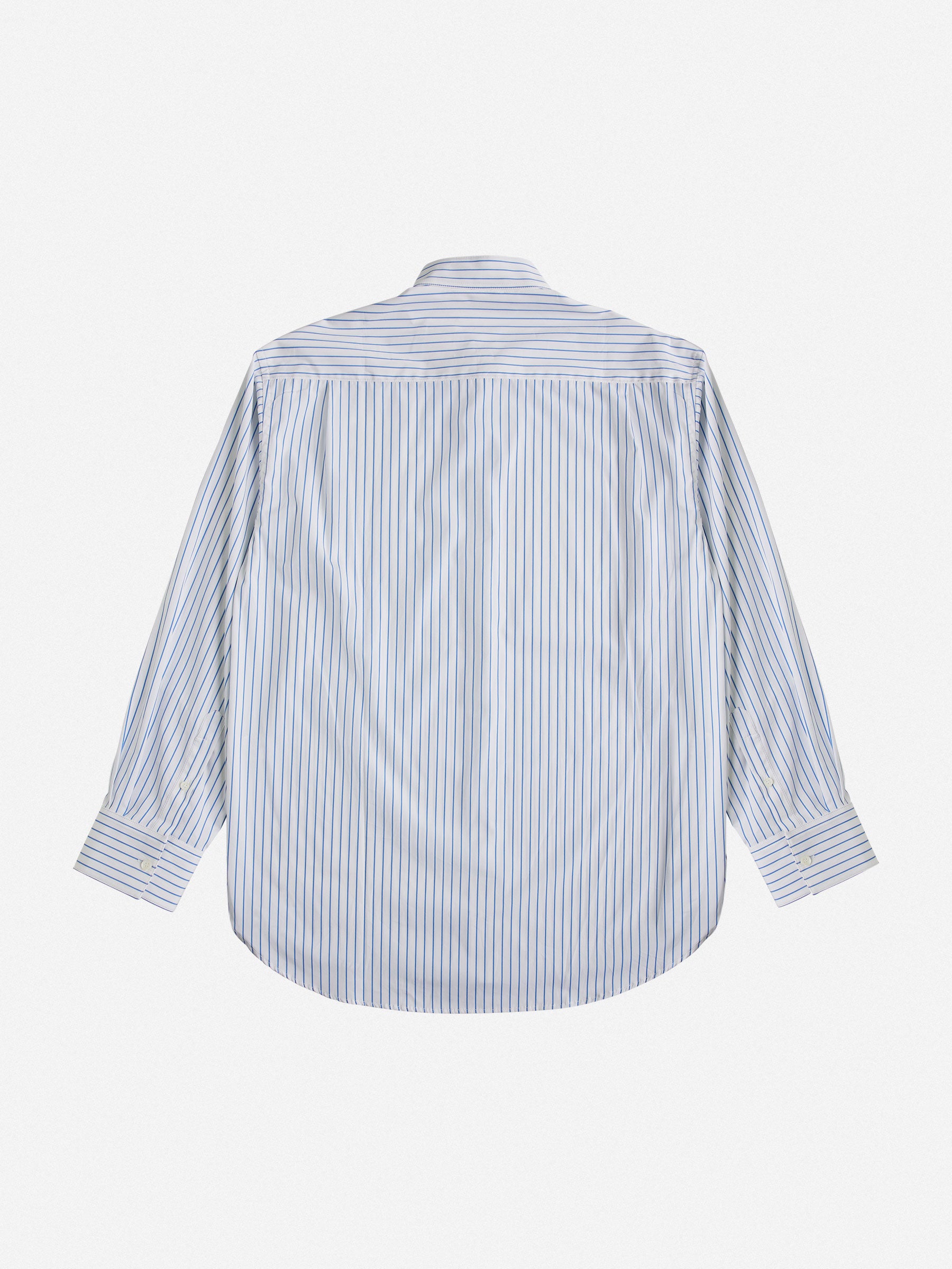 Set against a plain white background, the Oversized Mandarin Collar Shirt by gabrielstunz is crafted from 100% cotton by Cottonificio Albini. This garment showcases a classic collar and buttoned cuffs, offering an effortlessly timeless look with its blue and white striped design.