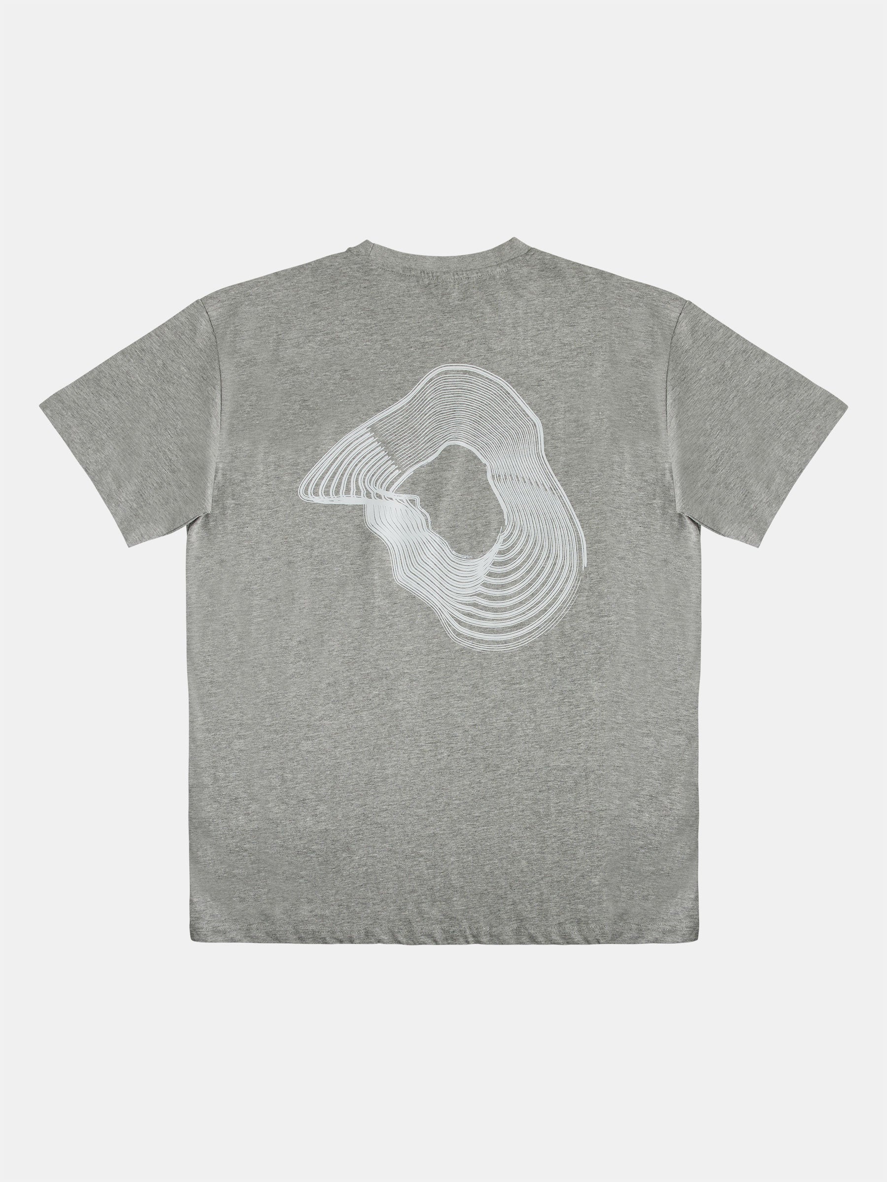 Oversized T-Shirt with Vortex Print from gabrielstunz, showcasing a white topographic design reminiscent of a contour map on the back, crafted from organic cotton and set against a plain white background.