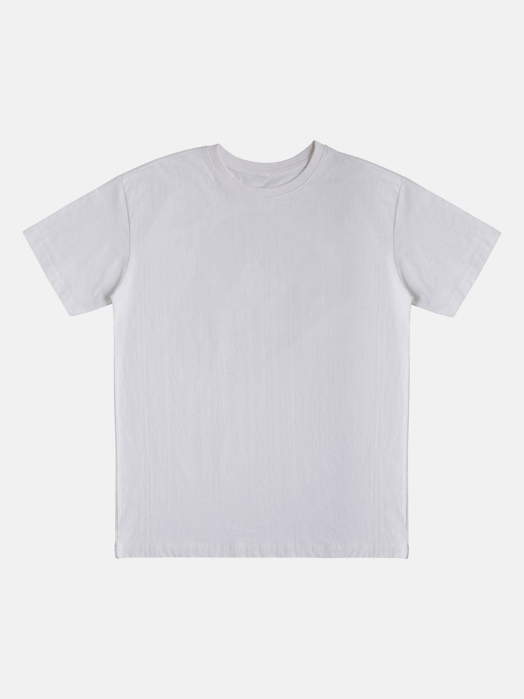 The Oversize T-Shirt with Vortex Print by gabrielstunz is showcased on a light gray background. This stylish plain white shirt, crafted from organic cotton, features short sleeves and a round neckline, making it a timeless addition to any wardrobe.