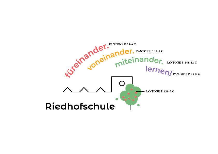 Logo for Riedhofschule with colorful text reading füreinander. voneinander. miteinander. lernen! above, featuring a small tree illustration.