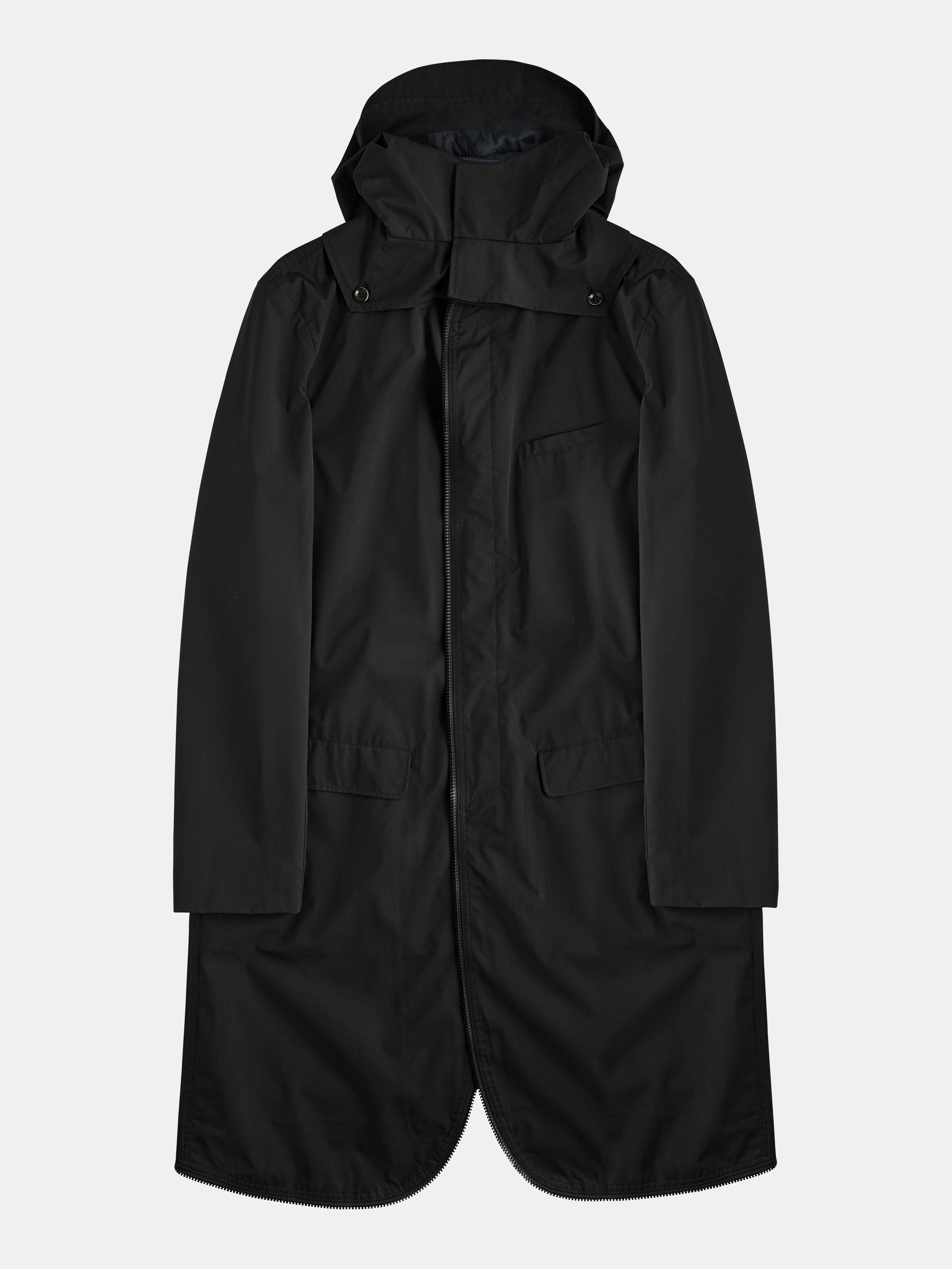 The POCKETPARACHUTE® Raincoat by gabrielstunz is a long black water-repellent raincoat featuring a hood, front zipper closure, and two large pockets. Designed for convenience, it is displayed flat on a white background.