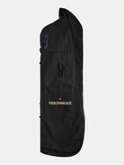 A sleek, black POCKETPARACHUTE® Raincoat by gabrielstunz is neatly folded and prominently displays its label. Its water-repellent qualities offer versatility akin to a raincoat, while maintaining ease of packing against a plain white background.