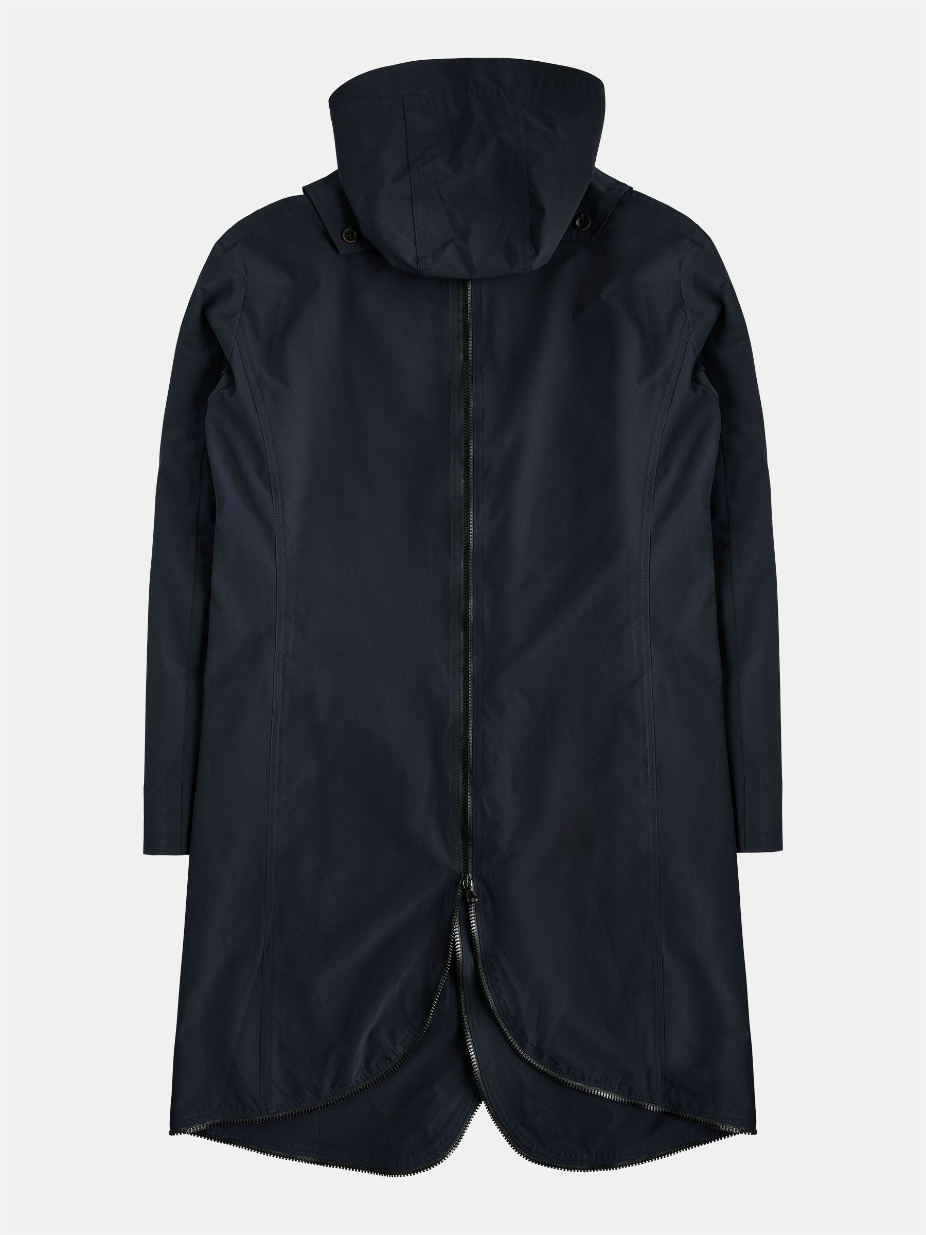 Presented on a flat surface, the gabrielstunz POCKETPARACHUTE® Tech Raincoat in dark navy includes a front zipper, hood, and slightly elongated back hem. Its modern design utilizes innovative fabric suitable for cold weather and provides the convenience of being packable.