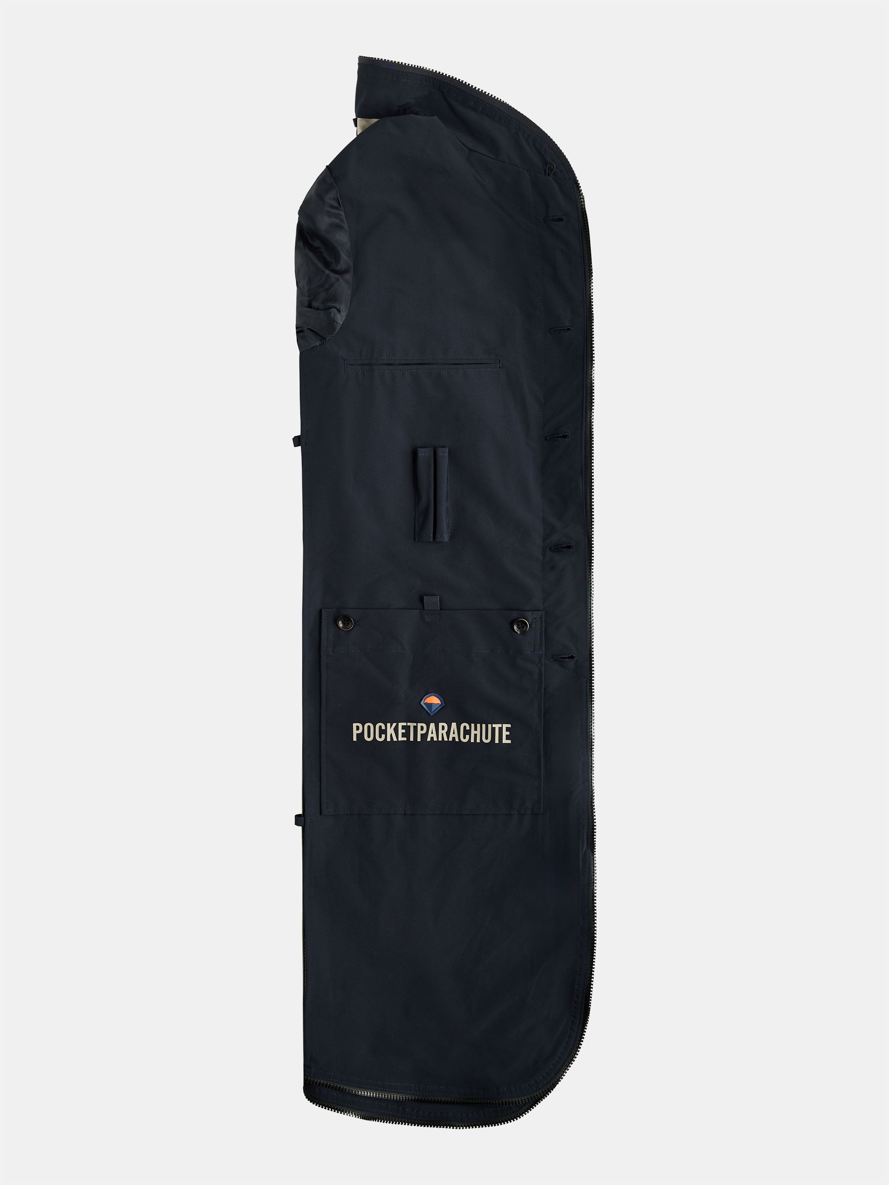 A black fabric bag with the text POCKETPARACHUTE® Tech Raincoat printed on a pocket, featuring an innovative material and reinforced handle. Its packable convenience is enhanced by a full-length zipper against a light gray background. Brought to you by gabrielstunz.