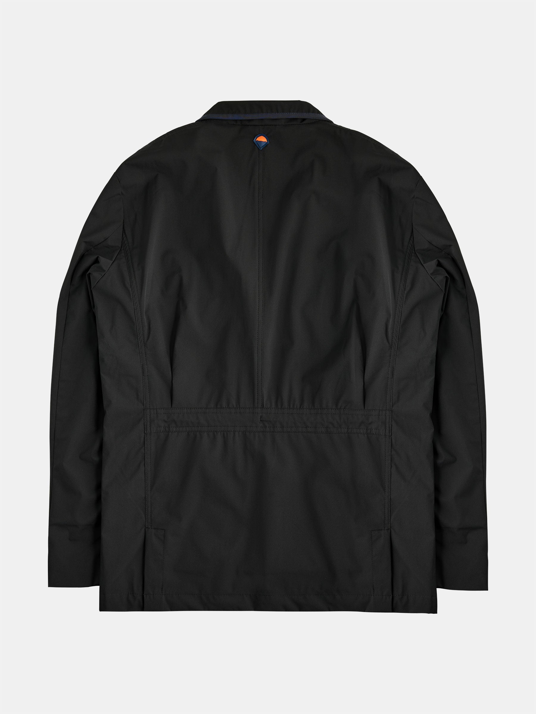 A black jacket from gabrielstunz, known as The Original POCKETPARACHUTE®, is showcased against a plain background. It sports a minimalistic design with a small orange and blue triangular logo located near the neckline on the back. This packable convenience jacket features long sleeves and a straight-cut hem, making it ideal for an on-the-go style.