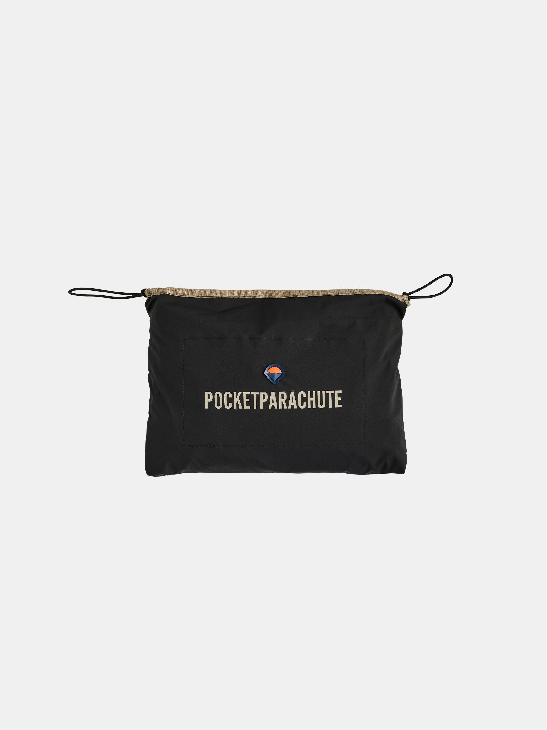 A compact black pouch featuring the words "The Original POCKETPARACHUTE®" by gabrielstunz, with a small colorful logo above the text. This pouch, designed for packable convenience, includes two drawstrings on each side and is displayed against a plain white background.