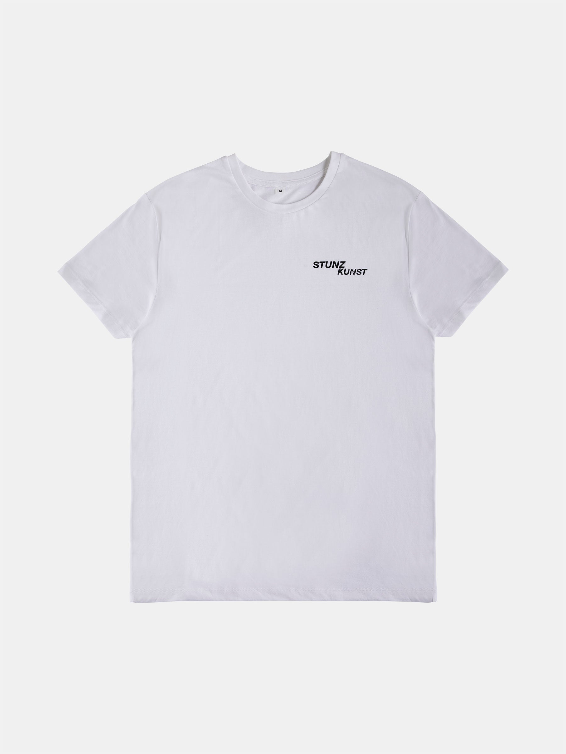 The STUNZISTKUNST Edition T-Shirt by gabrielstunz features a plain white design with "STUN" printed in black on the upper left front, made from sustainable materials. It has a solid light gray background and is part of the exclusive STUNZISTKUNST Logo Edition T-Shirt collection.