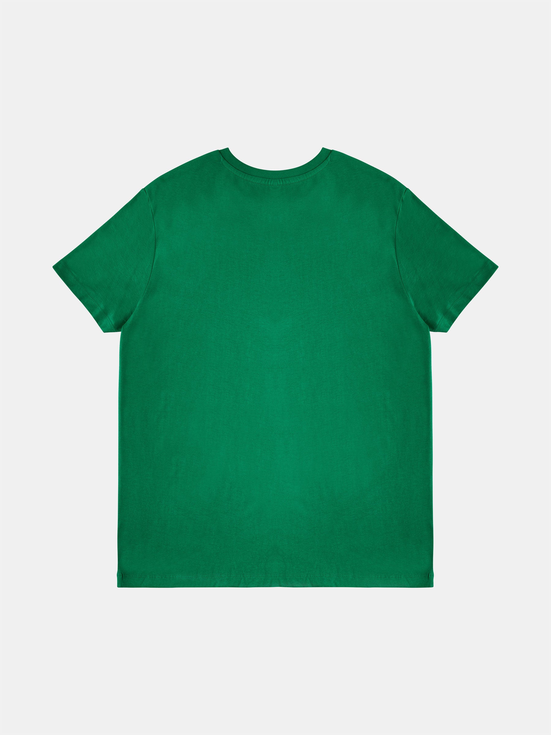 The STUNZISTKUNST Edition T-Shirt by gabrielstunz is crafted from eco-friendly organic cotton. This plain green shirt, laid flat against a white background for display, boasts a classic round neckline and short sleeves.