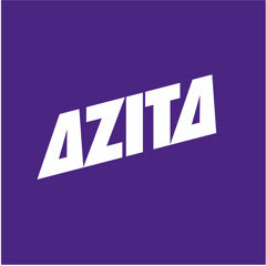 The image shows the word AZITA written in bold, white, stylized letters against a purple background.